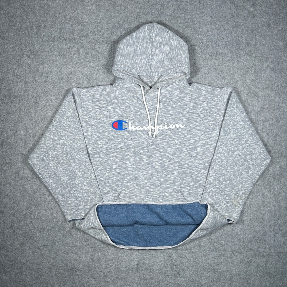 Vintage Champion Pullover Hoodie Mens Grey Pullover Raw Hem